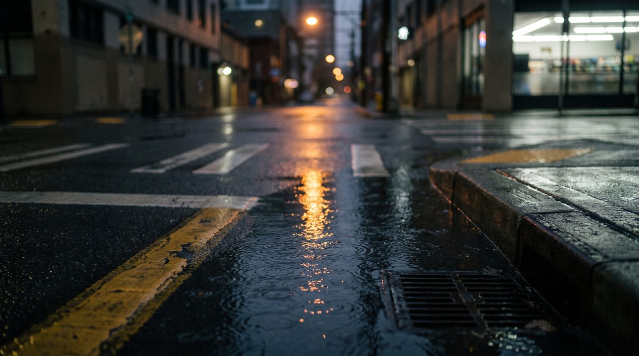 Rain-soaked street imagery from So North West
